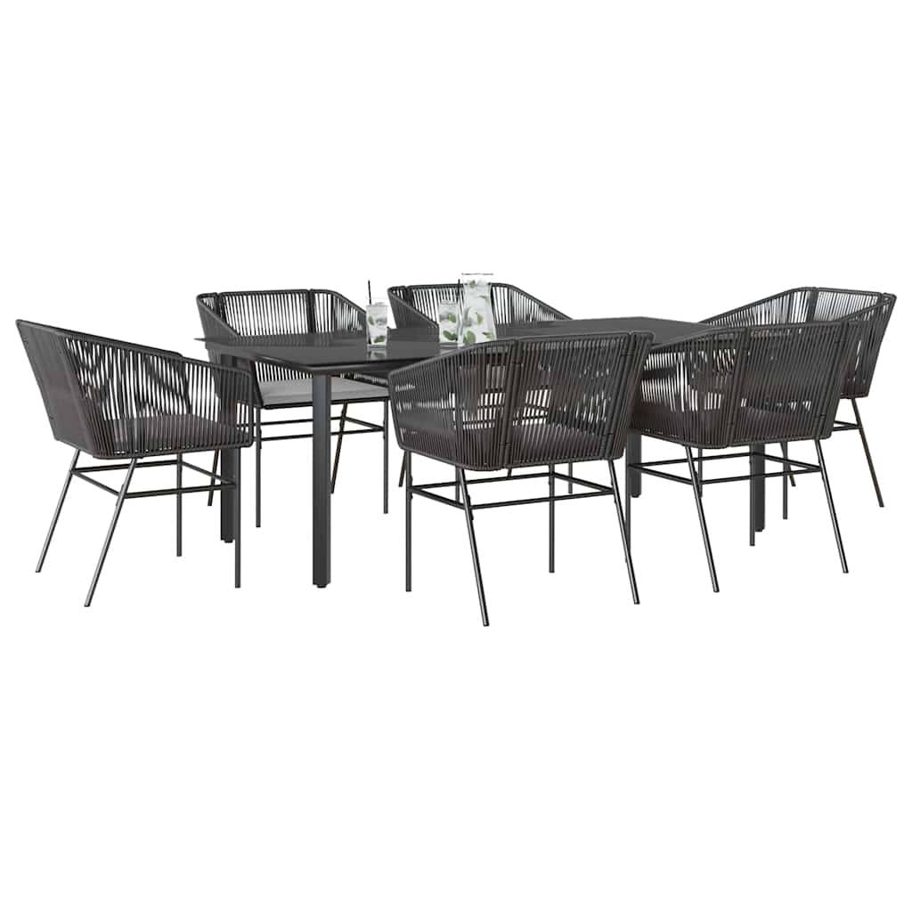 vidaXL 7-tlg. Garten-Essgruppe mit Kissen Schwarz Poly Rattan Glas