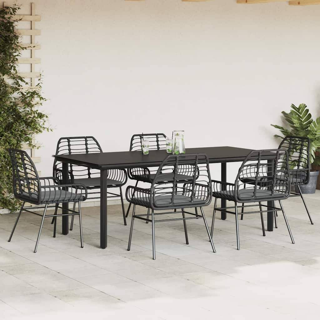 vidaXL 7-tlg. Garten-Essgruppe mit Kissen Schwarz Poly Rattan Glas