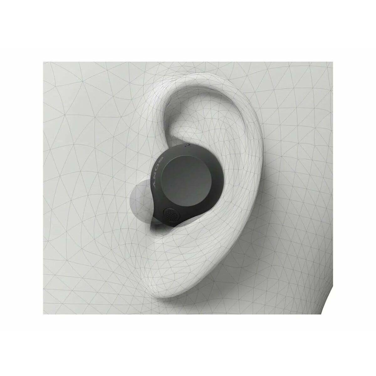 Schwarzes In-Ear-Hörhilfe-Geräte, das in ein weißes Ohmodell eingebaut ist und die Position des Geräts im Gehörgang zeigt.