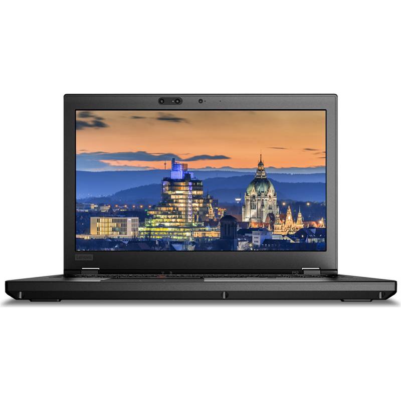 Schwarzer Laptop, auf dessen Bildschirm eine Stadtsilhouette bei Sonnenuntergang angezeigt wird, mit beleuchteten Gebäuden und einer Kuppelkathedrale im Vordergrund.
