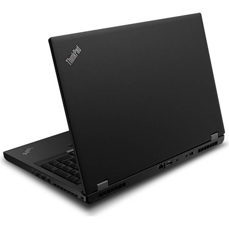 Geschlossener schwarzer ThinkPad-Laptop, von hinten-links schräg auf weißem Hintergrund gezeigt.