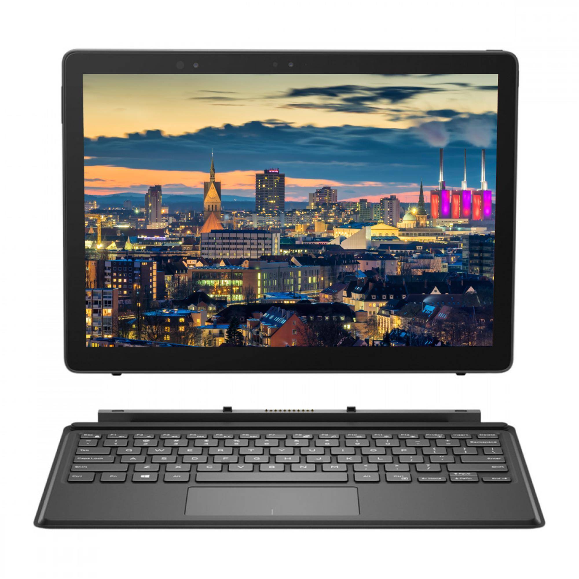 Ein eigenständiges Tablet mit Tastaturabdeckung zeigt eine Stadtsilhouette in der Dämmerung mit beleuchteten Gebäuden und Schornsteinen.