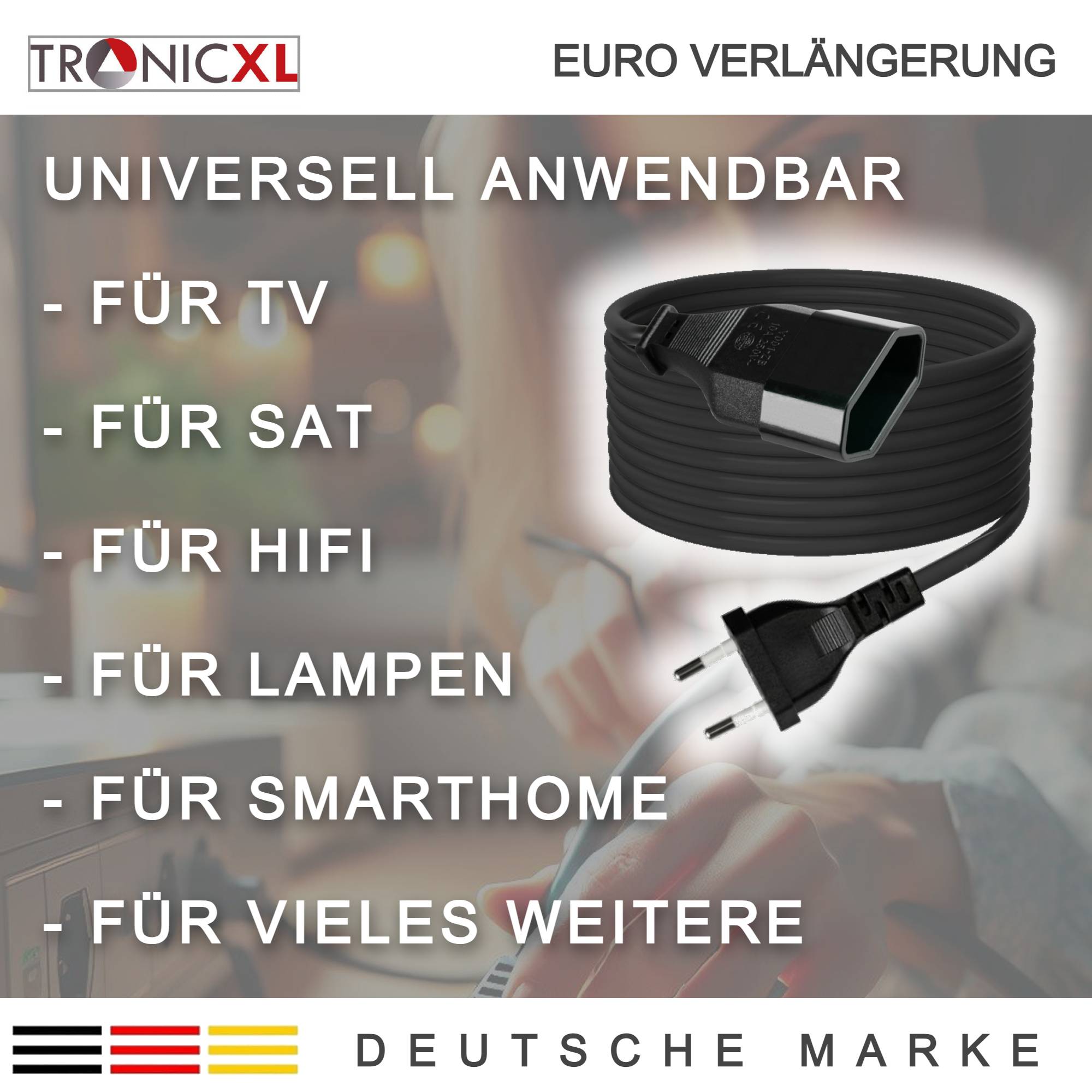 2m Euro Verlängerungskabel Verlängerung Stromkabel schwarz Kabel Power