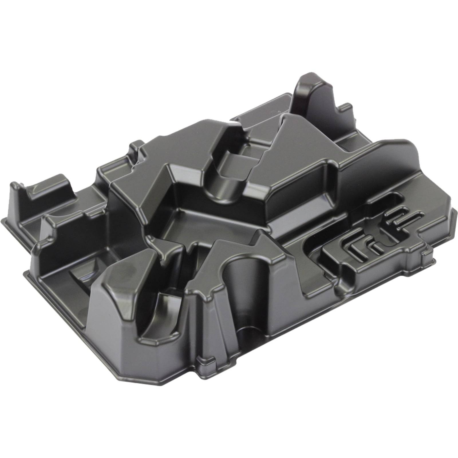 Ein schwarzes, geformtes Plastiktablett mit verschiedenen Fächern und erhöhten Abschnitten.
