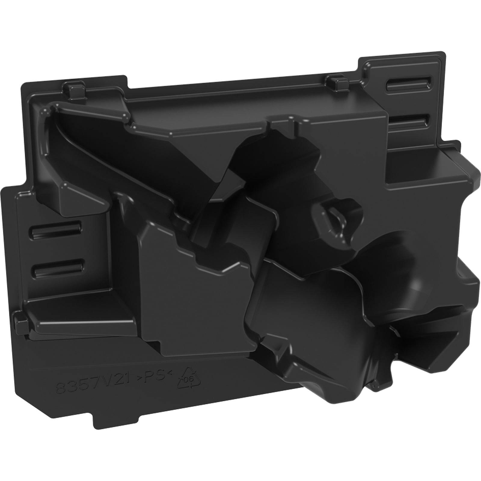 Eine schwarze, eckige Kunststoffkomponente mit komplexen geometrischen Formen, möglicherweise als industrielles Teil oder Verpackungseinsatz verwendet.