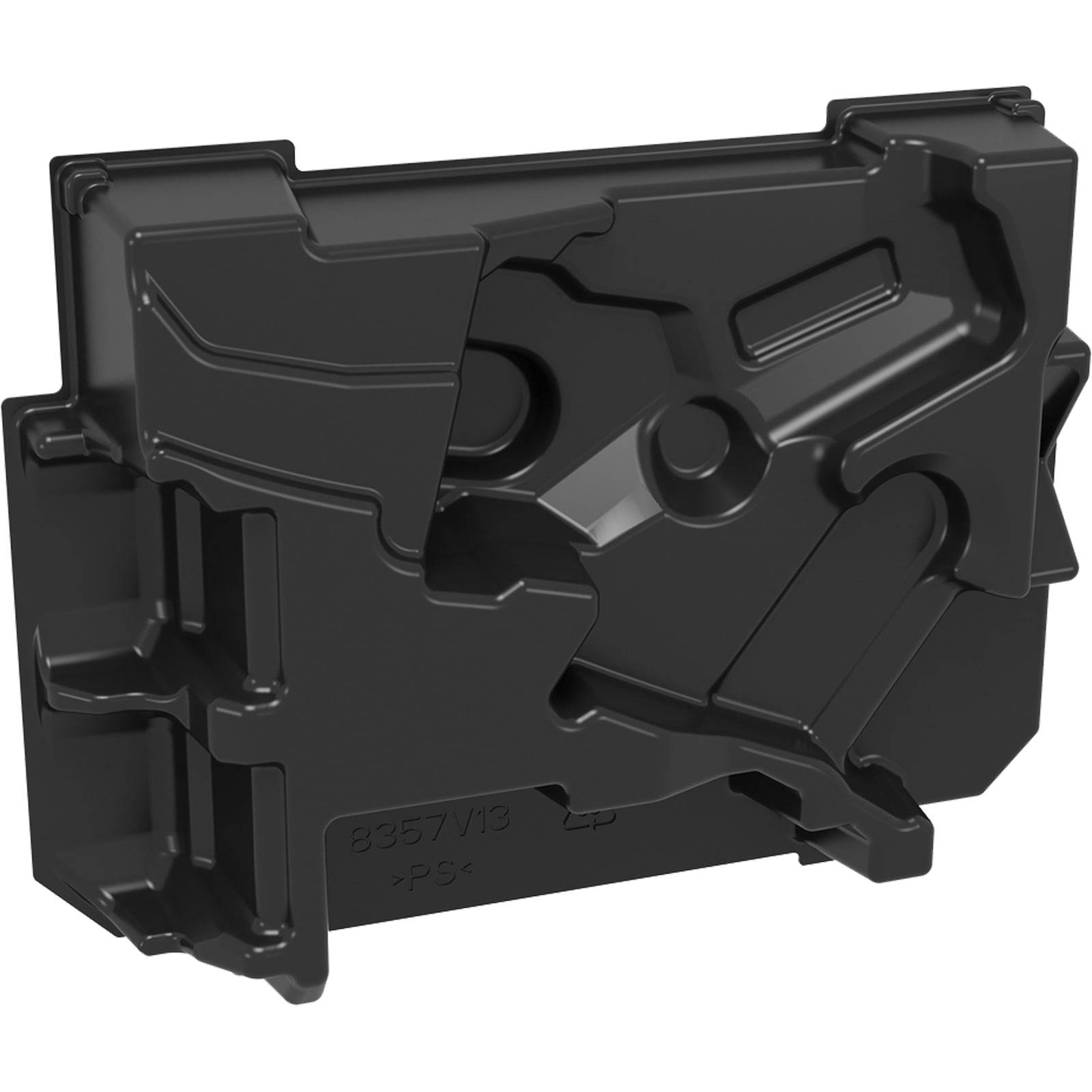 Eine schwarze, geformte Kunststoffkomponente mit komplexen Rillen und Strukturen, die als Schutzgehäuse oder mechanische Stützvorrichtung in Maschinen verwendet wird.