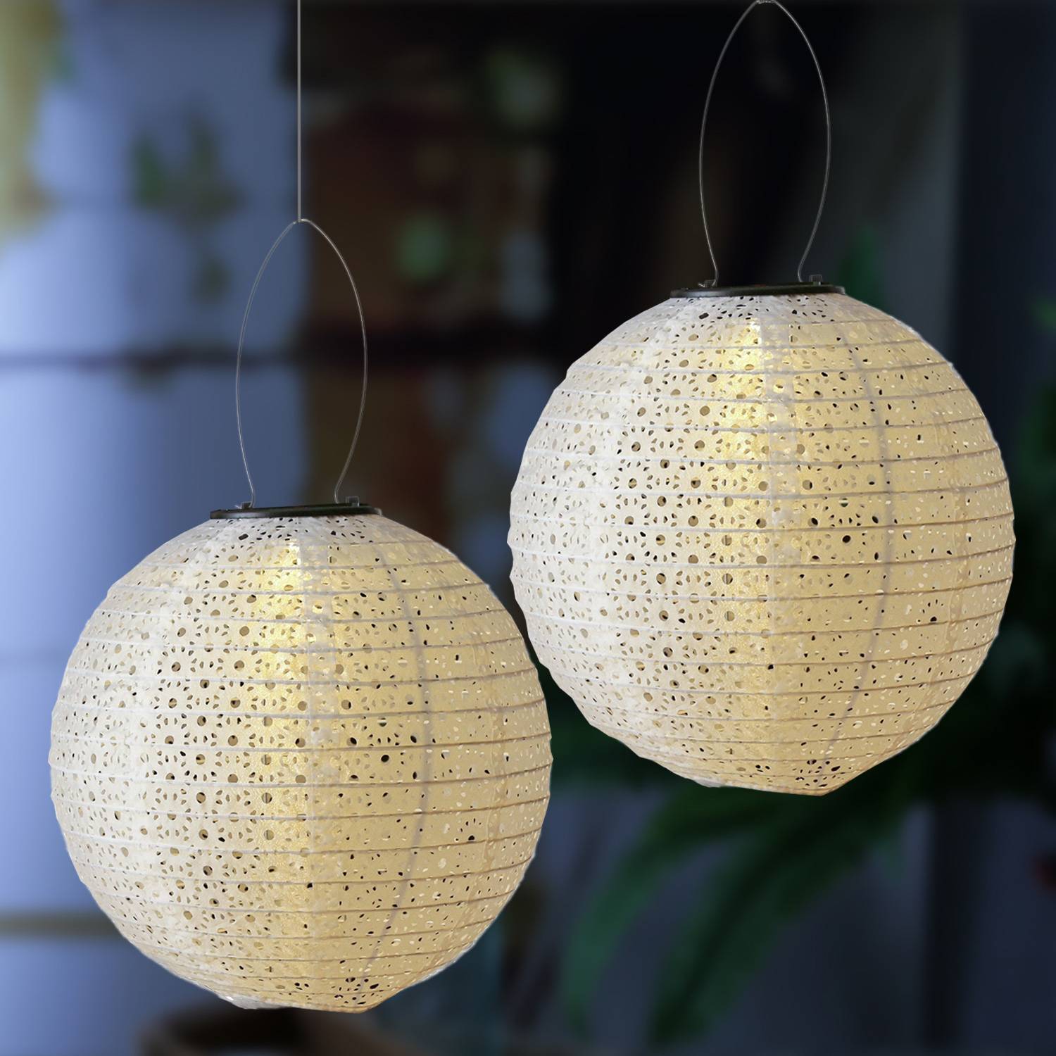 LED Solar Lampion Blumenmuster weiß D: 25cm Party Balkon Gartenlampion 2er Set