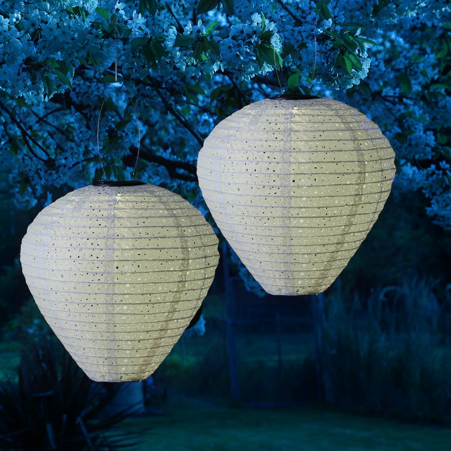 LED Solar Lampion Ballon Blumenmuster weiß 30cm Party Balkon Gartenlampion 2St.