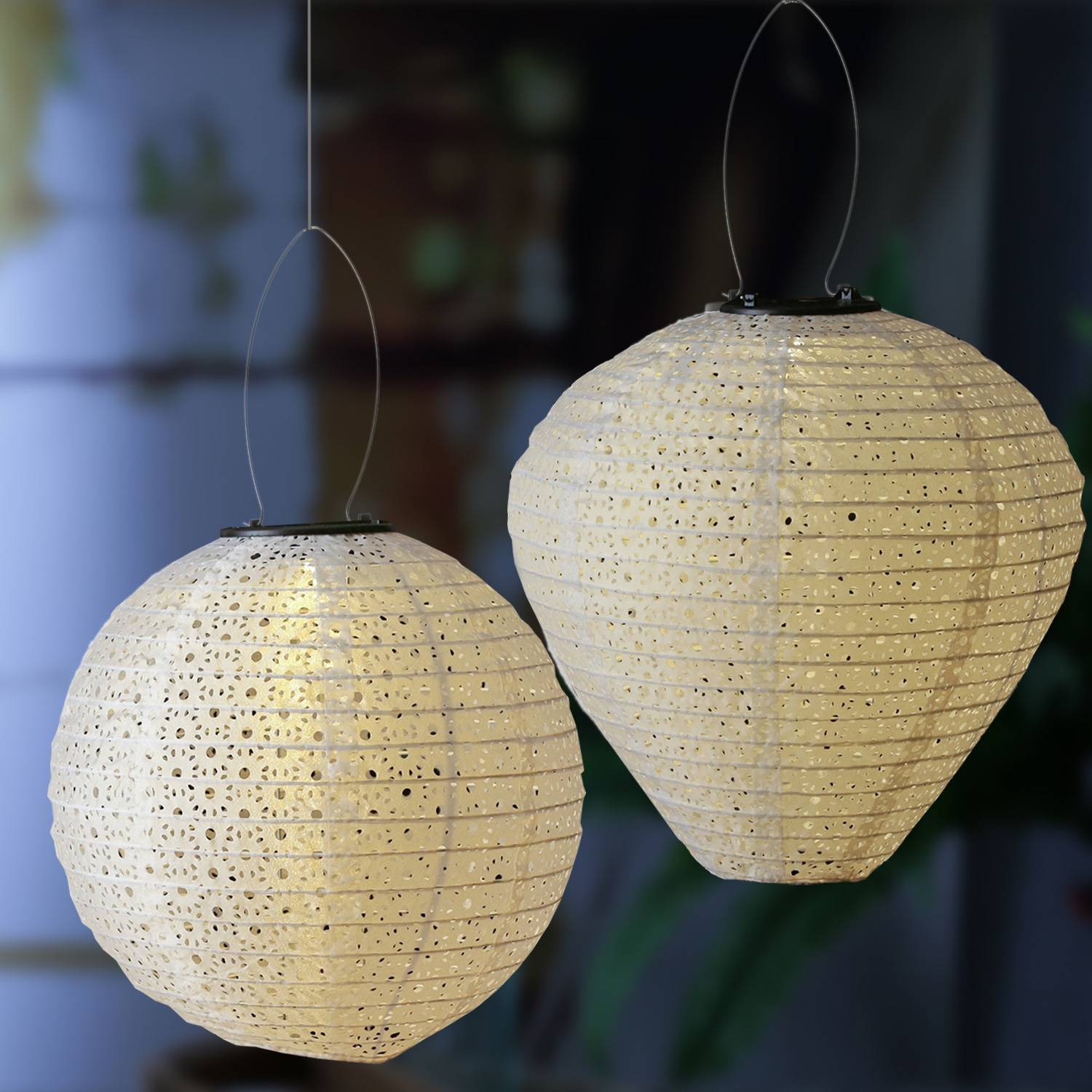 LED Solar Lampion Blumenmuster weiß Party Balkon Terrasse Gartenlampion 2er Set