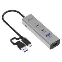 USB-C-Hub mit integriertem Kabel, einem USB-A-Stecker, zwei USB-C-Anschlüssen und einem USB-A-Anschluss.