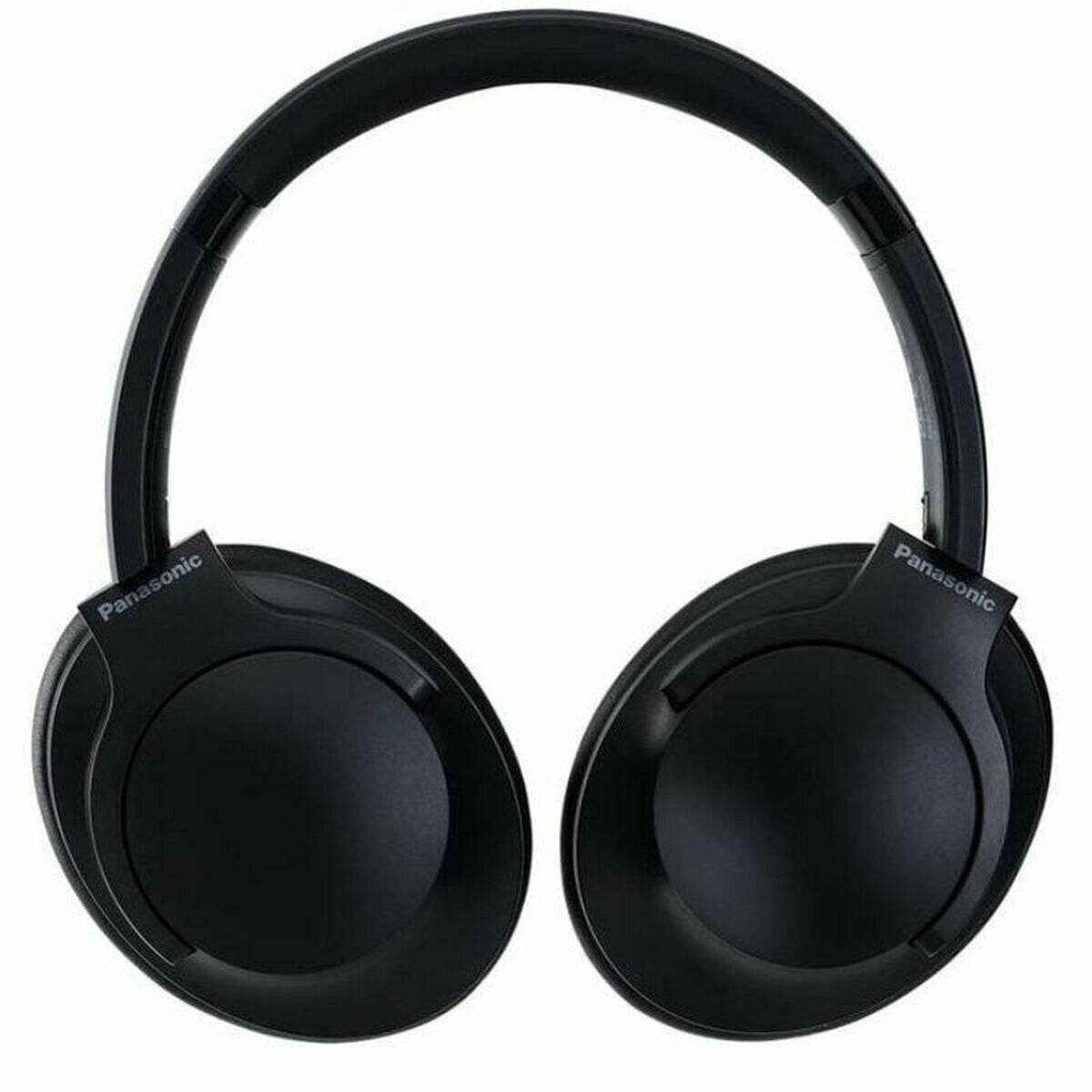 Schwarze Over-Ear-Kopfhörer von Panasonic auf weißem Hintergrund, Vorderansicht.