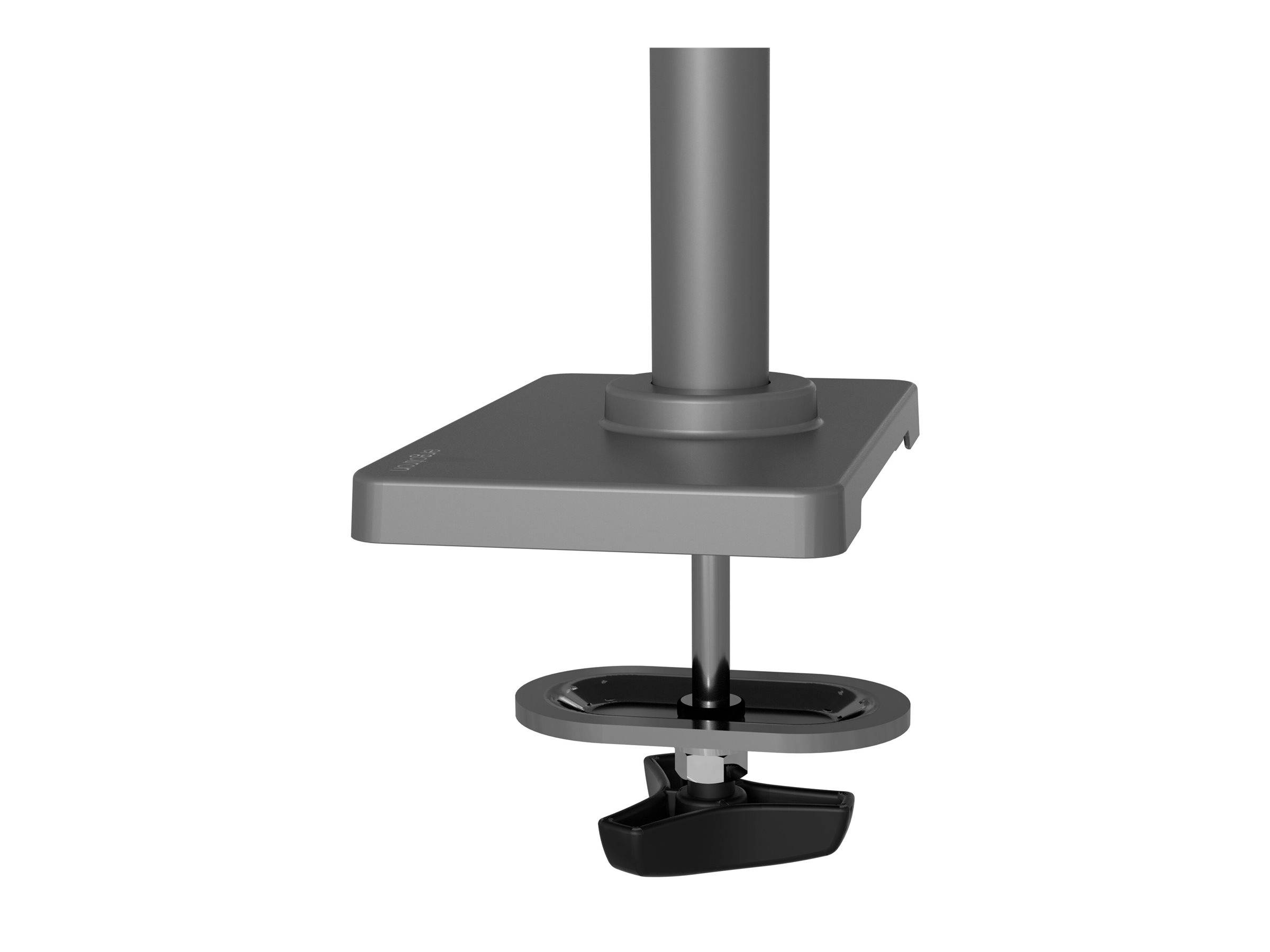 Grauer verstellbarer Monitorständer mit quadratischer Oberfläche, zentralem Pfosten und unterer Klemmvorrichtung auf weißem Hintergrund.