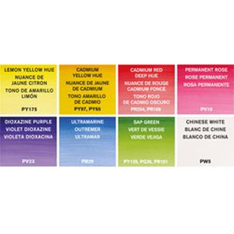 Farbkarte mit Farbfeldern beschriftet: 'Zitronengelb-Ton', 'Kadmiumgelb-Ton', 'Kadmiumrot Dunkel-Ton', 'Permanentrot', 'Dioxazinviolett', 'Ultramarinblau', 'Saftgrün', 'Chinesischweiss'.