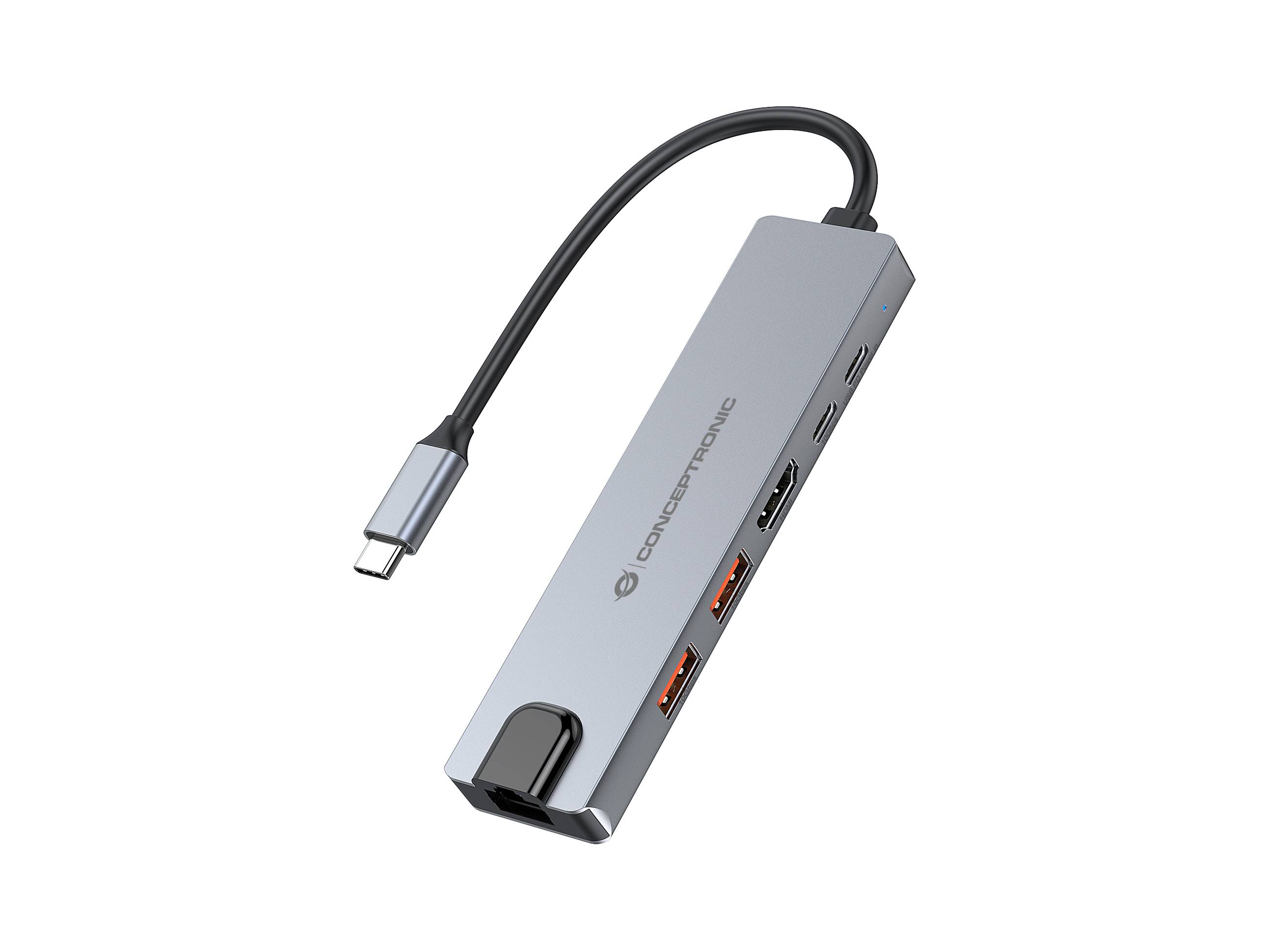 Silberner USB-C-Hub-Adapter mit angebundenem Kabel, mit mehreren Anschlüssen einschließlich HDMI, USB und Ethernet.