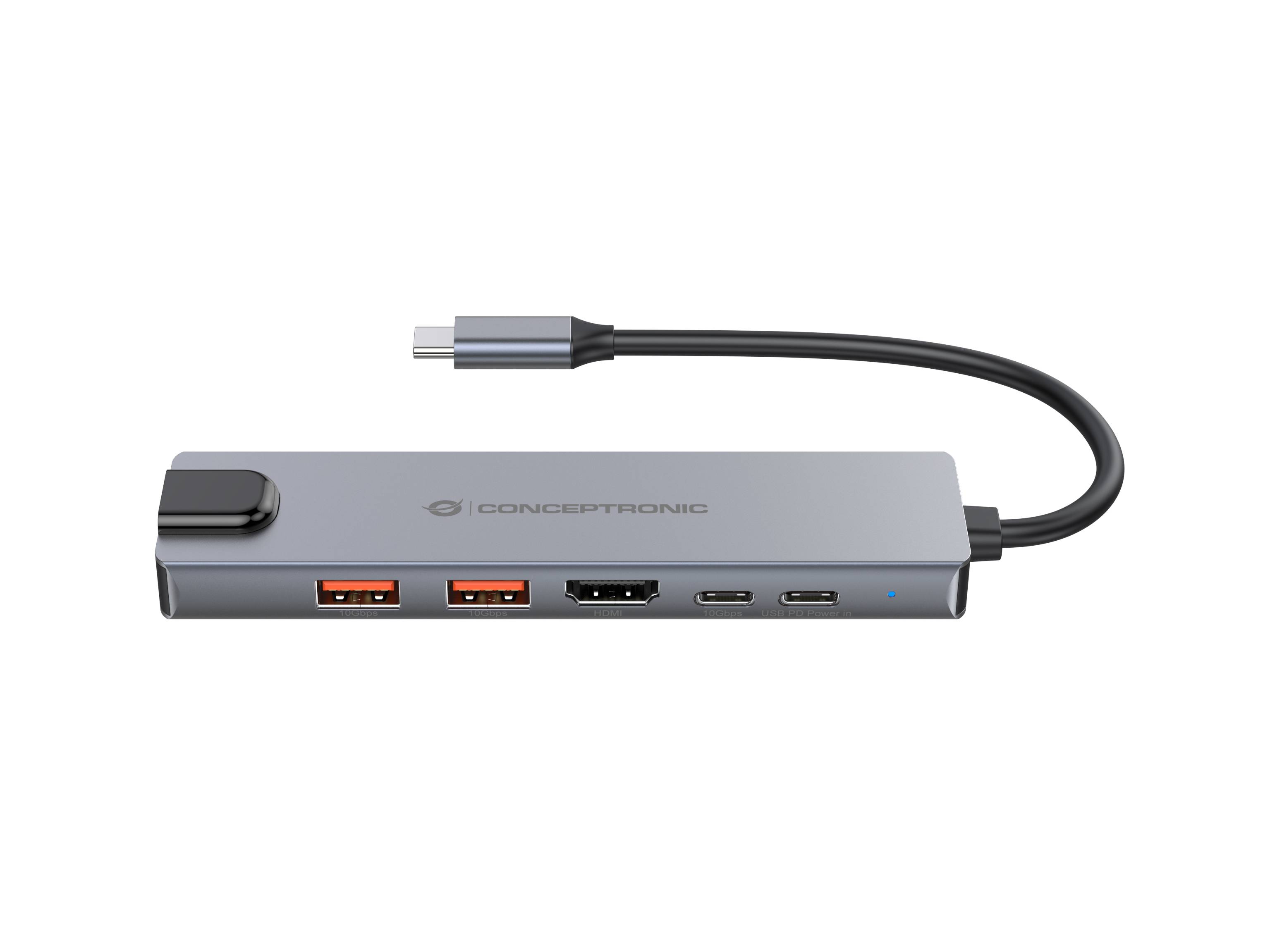 Kompakter Conceptronic USB-C-Hub mit angeschlossenem Kabel, mit zwei USB-A-Anschlüssen, einem HDMI-Anschluss und zwei USB-C-Anschlüssen auf einem grauen Gehäuse.