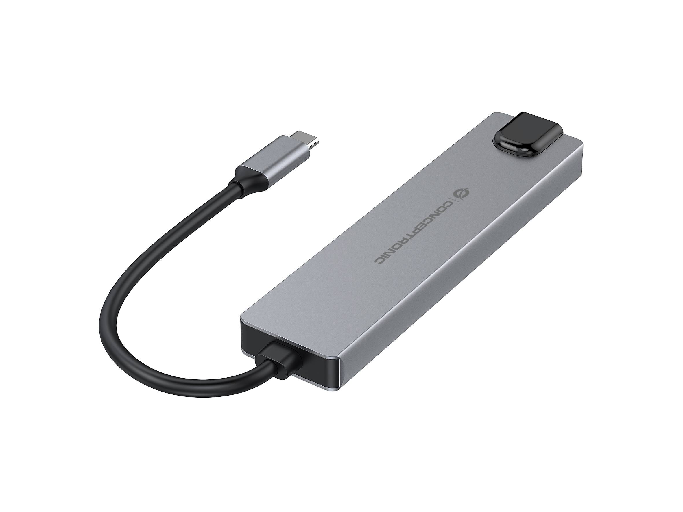 Schlanker silberner USB-C-Hub/Adapter mit einem kurzen angebrachten Kabel und einer kleinen Taste oben, gezeigt auf weißem Hintergrund.