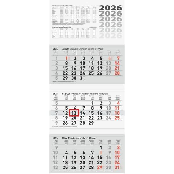 3-Monatskalender Wandkalender 32x74cm 3 Monatsblöcke 2026