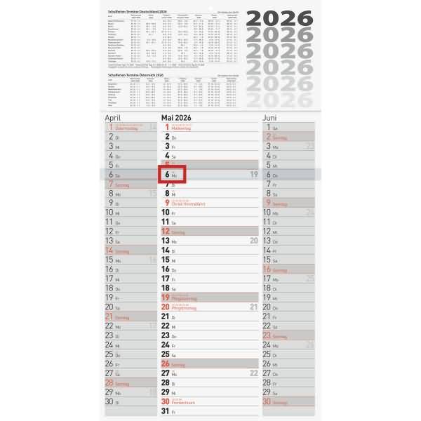 Dreimonatskalender 702 Hochformat 30x56cm 3 Monate/Seite 2026