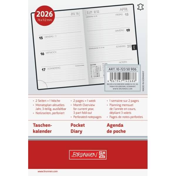 Taschenkalender 723 7,6x11,2cm 1 Woche/2 Seiten Leder schwarz 2026