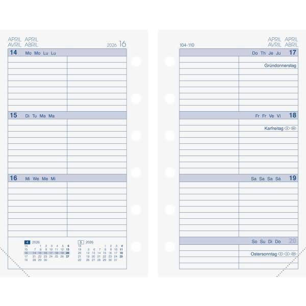 Wochenkalendarium 7,6x12,7cm 1 Woche/2 Seiten 2026