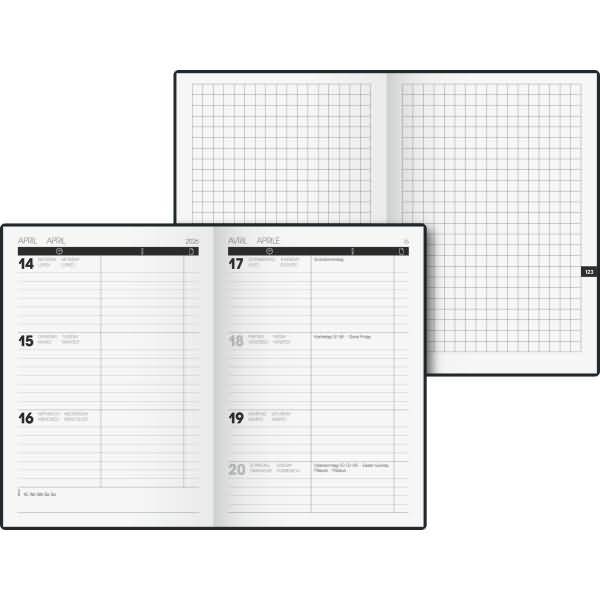 Taschenkalender 10x14cm 1 Woche/2 Seiten Kunststoff-Einband schwarz 2026