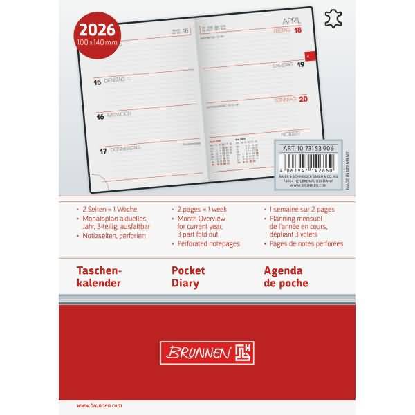 Taschenkalender 10x14cm 1 Woche/2 Seiten Leder schwarz 2026
