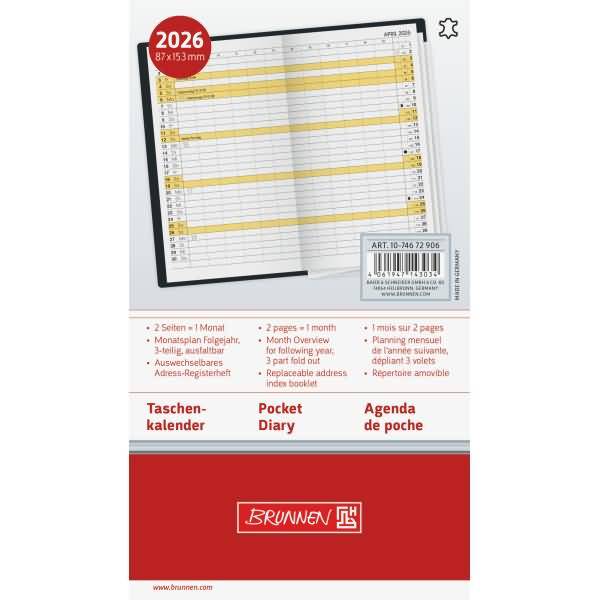 Faltkalender 746 8,7x15,3cm 1 Monat/2 Seiten Leder schwarz 2026