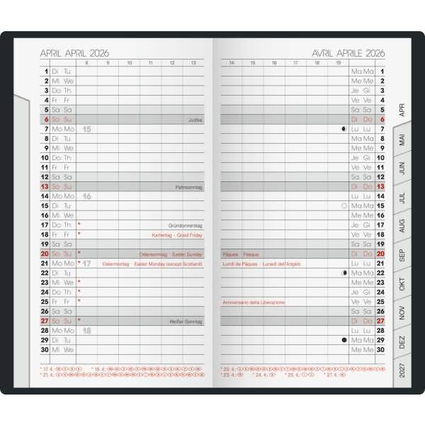 Taschenkalender 751 8,7x15,3cm 1 Monat/2 Seiten Kunststoffeinband silberfarben 2026