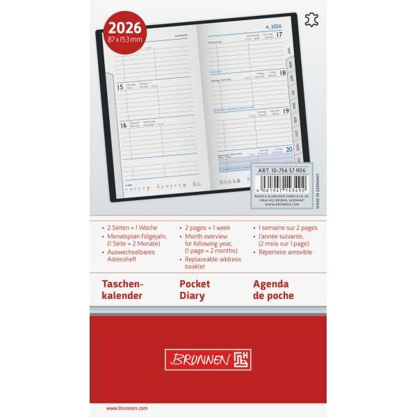 Taschenkalender 756 1 Woche/2 Seiten 8,7x15,3cm Leder schwarz 2026