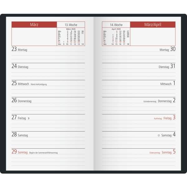 Taschenkalender TM15 8,7x15,3cm 1 Woche/Seite Kunststoff bordeaux 2026
