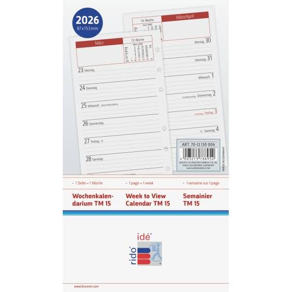 Ersatzkalendarium TM15 für Ringbuchplaner 8,7x15,3cm 1 Woche/Seite 2026
