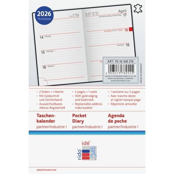 Taschenkalender Industrie I 7,2x11,2cm 1 Woche/2 Seiten Leder dunkelrot 2026