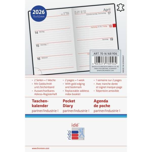 Taschenkalender Industrie I 7,2x11,2cm 1 Woche/2 Seiten Leder schwarz 2026