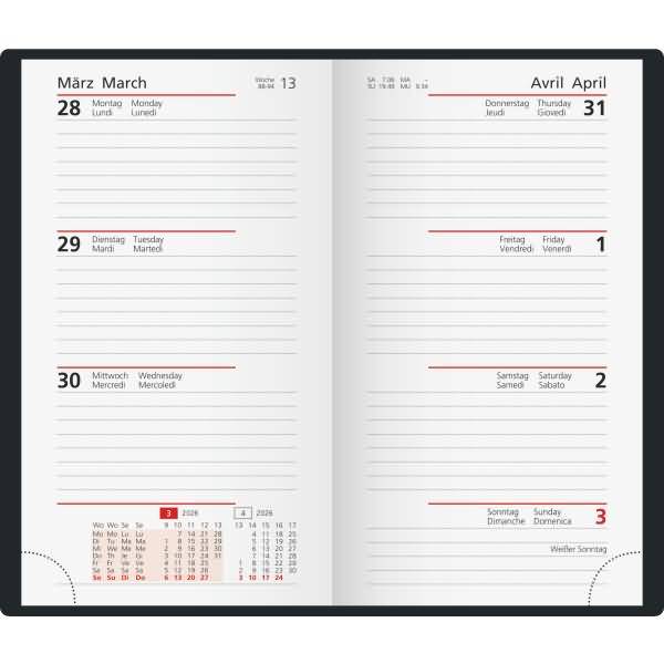 Taschenkalender int. 8,7x15,3cm 1 Woche/2 Seiten Kunstleder schwarz 2026
