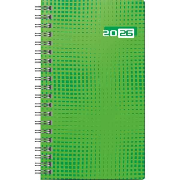 Taschenkalender Modell int. 8,7x15,3cm 1 Woche/2 Seiten Grafik-Einband grün 2026