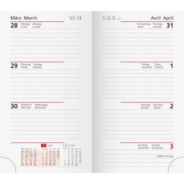 Taschenkalender-Einlage Modell int. 8,7x15,3cm 1 Woche/2 Seiten Karton 2026