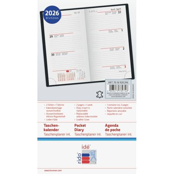 Taschenkalender Modell int. 8,7x15,3cm 1 Woche/2 Seiten Leder weinrot 2026