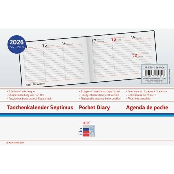 Taschenkalender Septimus 15,2x10,2cm 1 Woche/2 Seiten Kunstleder schwarz 2026
