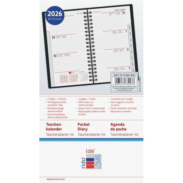 Taschenkalender Modell int. 8,7x15,3cm 1 Woche/2 Seiten Kunstleder Belnova schwarz 2026