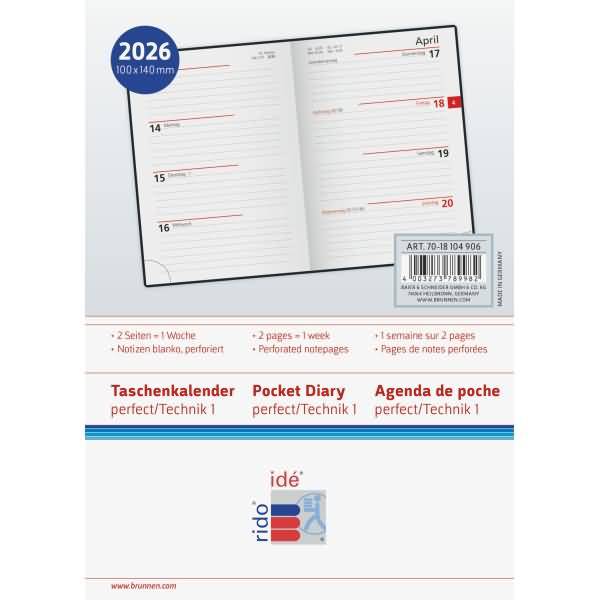 Taschenkalender Perfect/Technik I 10x14cm 1 Woche/2 Seiten Kunstleder schwarz 2026