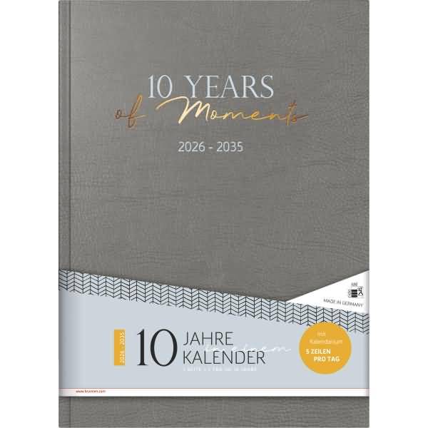 Buchkalender 10-Jahre 2026-2035 A4 Kunstleder grau