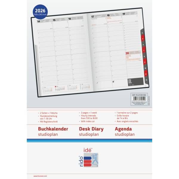 Buchkalender studioplan int. 16,8x24cm 1 Woche/2 Seiten Kunstleder schwarz 2026
