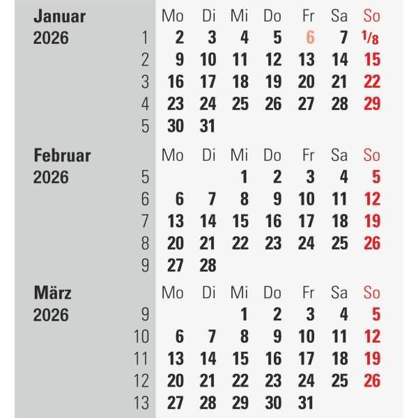 3-Monatstischkalender für zwei Jahre Kalendarium 2026/2027