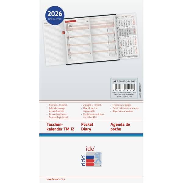 Taschenkalender TM12 8,7x15,3cm 1 Monat/2 Seiten Kunstleder schwarz 2026