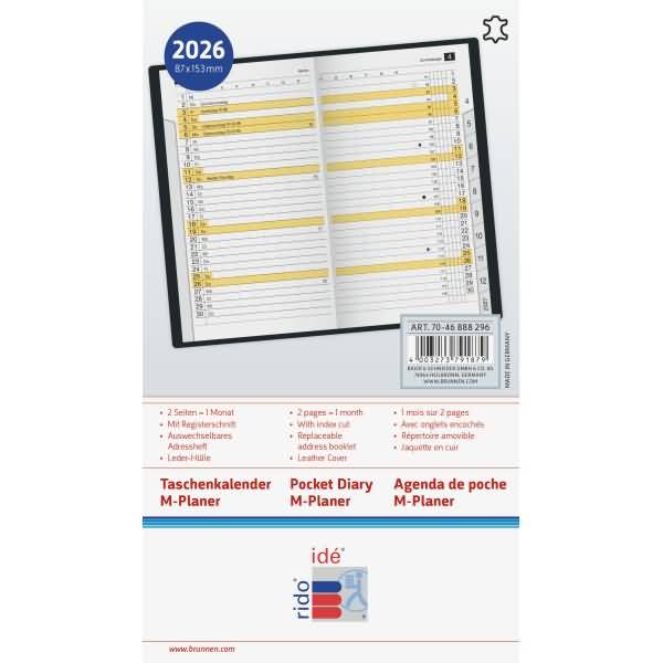 Taschenkalender M-planer 8,7x15,3 1 Monat/2 Seiten Leder weinrot 2026