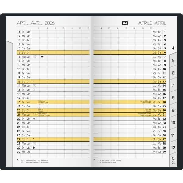 Taschenkalender M-planer 8,7x15,3cm 1 Monat/2 Seiten 4-sprachig Kunststoff schwarz 2026