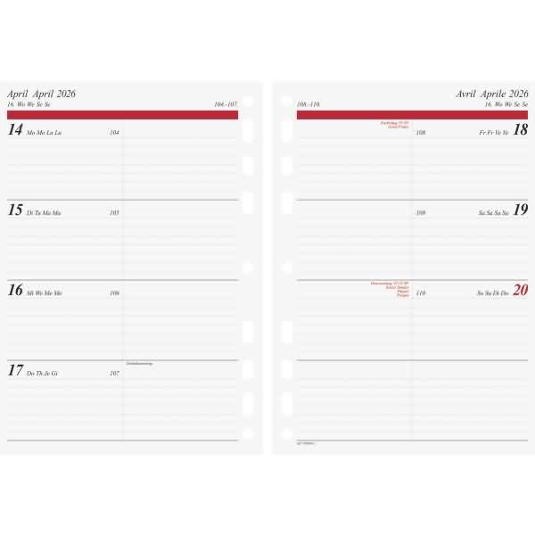 Wochenkalendarium 1 Woche/2 Seiten 14,8x20,8cm A5 2026