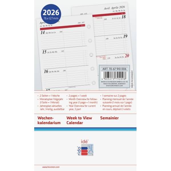 Wochenkalendarium 1 Woche/2 Seiten 7,6x12,7cm 2026