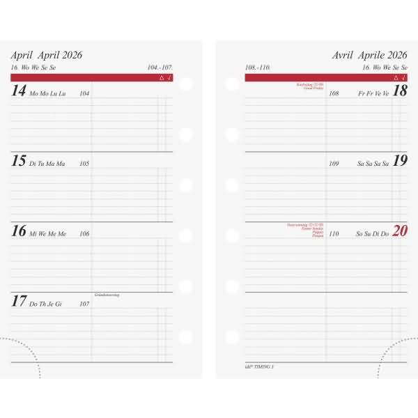 Wochenkalendarium 1 Woche/2 Seiten 7,6x12,7cm 2026