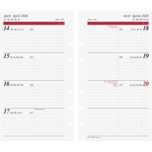 Wochenkalendarium Timing Special 8,7x15,3cm 1 Woche/2 Seiten 2026